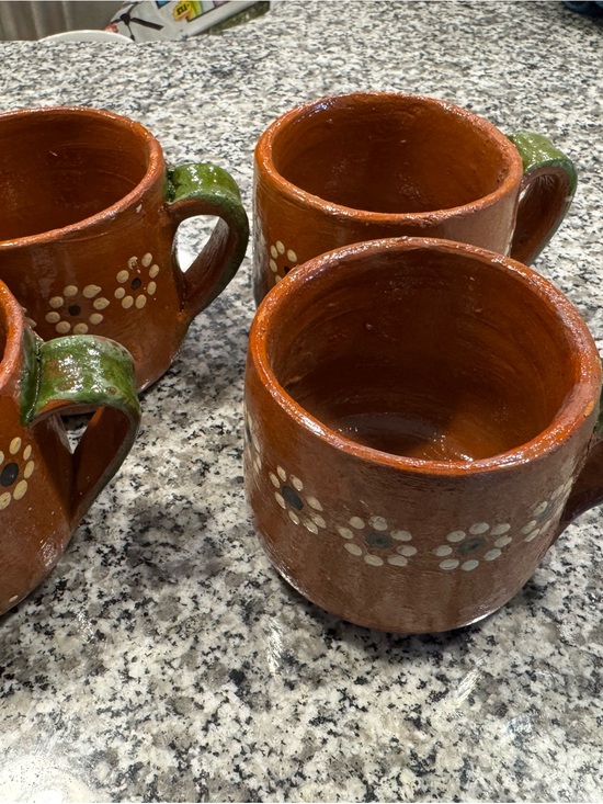 made in mexico Other - Handcrafted Terracotta Brown Floral Ceramic Mugs with Green Handles - Set